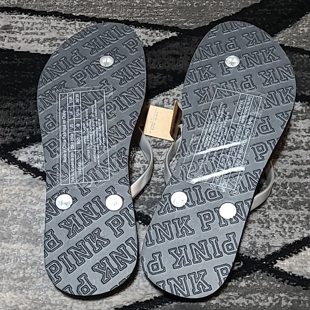 VS PINK BLACK SILVER LOGO FLIP FLOPS SANDALS